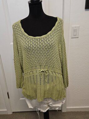 Say What? Green Women Open-knit crochet sweater scoop neck and tie waist size 3X